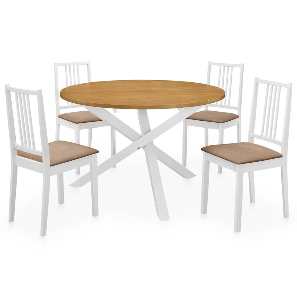Set da pranzo in MDF bianco con legno massiccio di gomma, tavolo da pranzo 120 x 75 cm e 4 sedie con cuscini per sala da pranzo, cucina, soggiorno, set di mobili moderni salvaspazio per