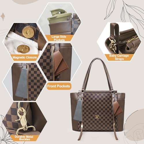 Image of miss fong Checkered Diaper Bag Tote Leather Diaper Bag Backpack, Large Capacity Mommy Bag Hospital Bag, 12 Pockets Travel Diaper Tote with Changing Pad for Mom Plaid Tote Bag for Women-Coffee