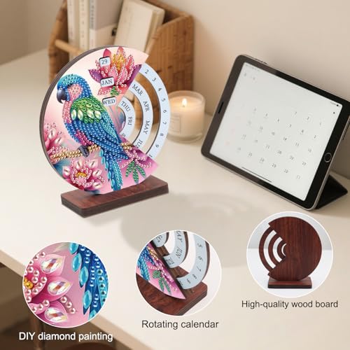 Image of AiYuanzsh 3D Diamond Art Tabletop Calendar, DIY Wooden Desk Ornament with Parrot and Flower Design, Sparkling Diamond Painting Kit for Desktop Decoration & Gifts