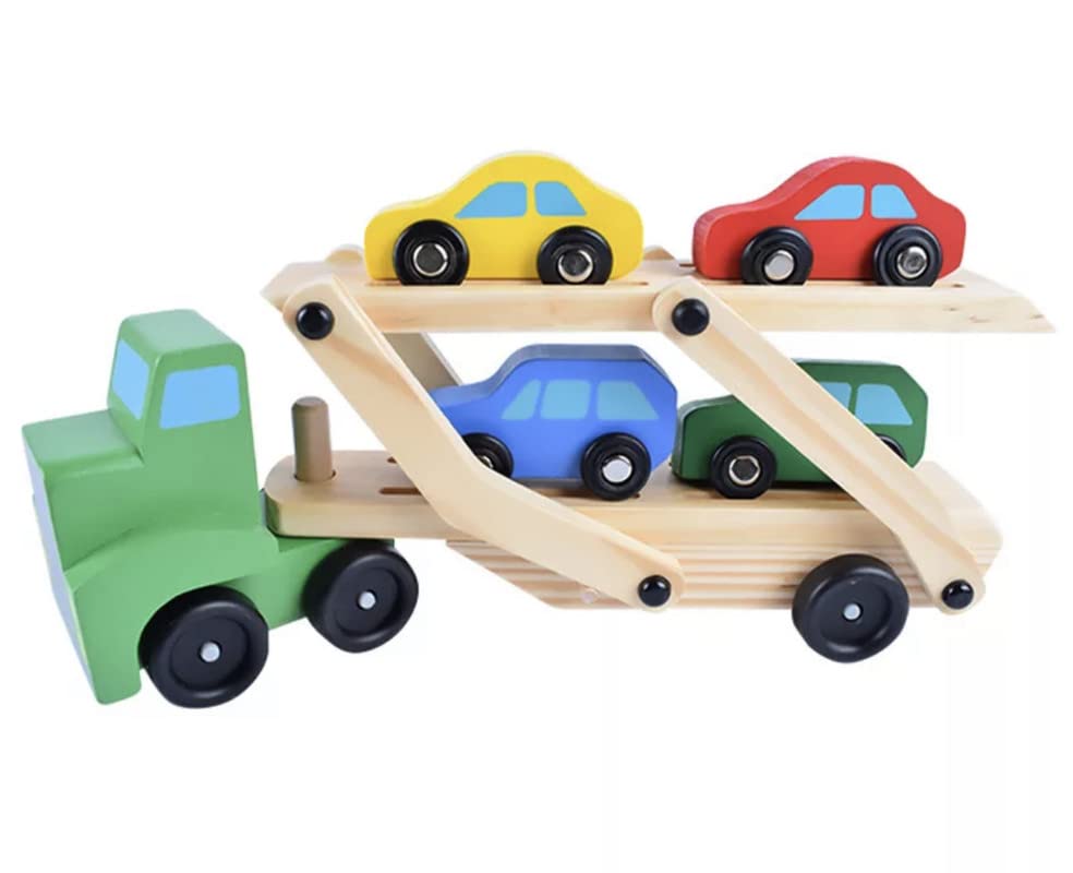 Image of Wooden Truck and Cars Toy Set | Large Double Deck Transport Vehicle with 1 Truck & 4 Colorful Cars | Ideal Educational Toy for Kids, Encourages Fine Motor Skills & Imaginative Play