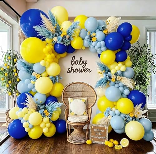 Image of Blue and Yellow Balloon Garland Double Stuffed Pastel Yellow Dusty Blue Balloon Arch Kit for Summer Tropical Hawaiian Luau Lemon Baby Shower Birthday Wedding Party Decor