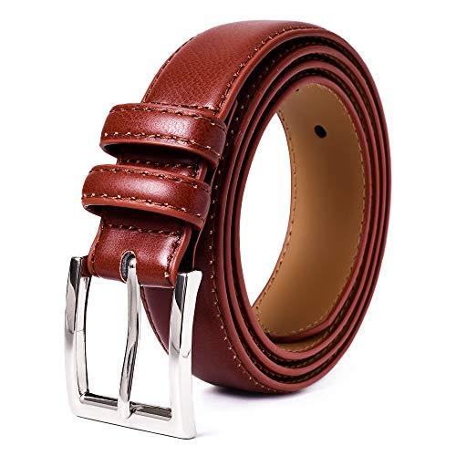 Men's Premium Genuine Leather Belt | Double Loops Classic Dress Belt | Black Satin Solid Belt Pin Prong Buckle Belt For Work Business (1 1/4 Brown, Size Size 34 For Waist 32