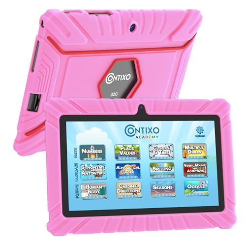Image of Contixo 7 Kids Tablet Bundle - Learning Tablets and Headphones for Kids, Includes 14 Teacher's Approved Apps, 7-inch HD, Ages 3-7, Parental Control, Android 11, 32GB, WiFi - Pink (Girls)