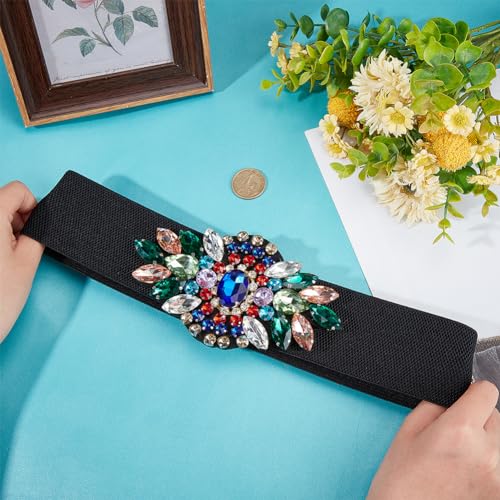 AHANDMAKER Rhinestone Stretch Belt Polyester Elastic Belt Crystal Flower Elastic Belts Rhinestone Flower Waist Belt for Dress Waist Jewelry Accessories for Women3
