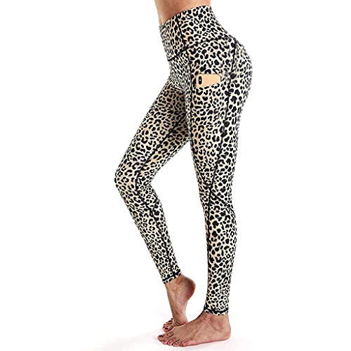 ASHOP Pantalones de Yoga Leggings de Entrenamiento de Cintura Alta con Estampado de Leopardo y Bolsillos Pantalones para Correr (Beige,XXL)
