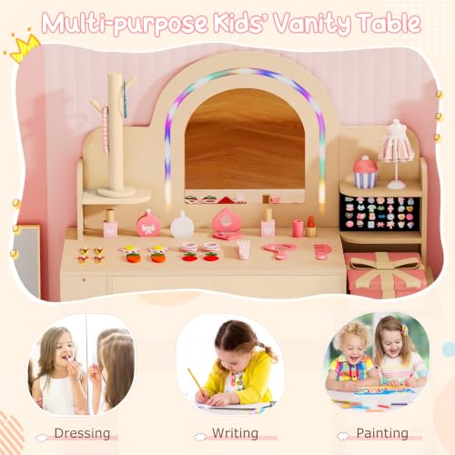 Image of Costzon Kids Vanity, Girls Vanity Set with Lighted Mirror, Bookshelf, Jewelry Storage, Toddler Makeup Vanity Desk Dressing Table, Wooden Kids Vanity Table and Chair Set (Natural)