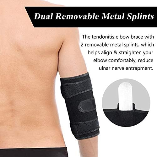 ZOUYUE Elbow Brace, Adjustable Elbow Support with Two Removable Metal Splints, Arm Stabilizer Cubital Tunnel Elbow Splint for Tennis Elbow, Weightlifting, Tendonitis, Joint Pain Relief for Men & Women
