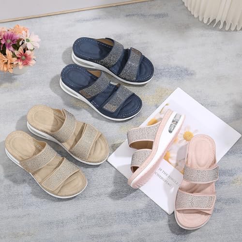Women's Rhinestone Two Strap Wedge Slippers - Round Open Toe Slip-On Sandals with Arch Support & Air Cushion | Comfortable Platform Slingback for Casual Outdoor Wear4
