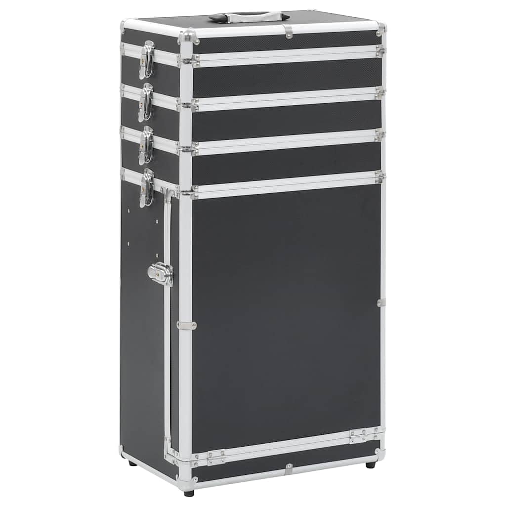 Kosmetikkoffer Schwarz, Reise-Schminkkoffer mit 4 Ebenen und 1 Schublade, Aluminium-Make-up-Organizer mit 4 abnehmbaren Rollen für Kosmetik und Beauty-Produkte