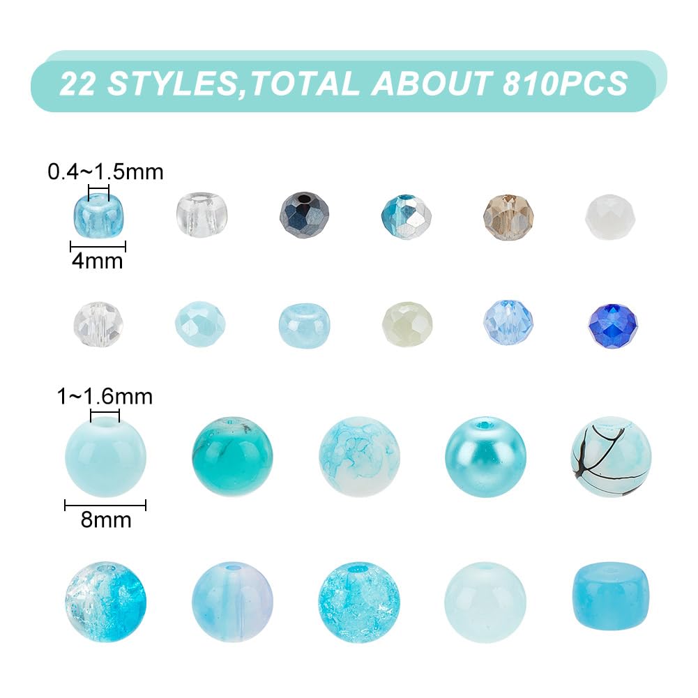 HOBBIESAY 770pcs 6 Styles Blue Glass Beads for Jewelry Making - Sea Glass, Crackle, Round Beads for Bracelet Earring, Necklace Supplies - Image 2
