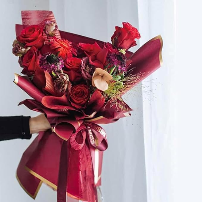 Image of Zarwani - 10 Sheets Korean Style Waterproof Maroon Bouquet Wrapping Paper (58cm x 58cm, 60 Microns) | Golden Border Design, Giftwrap for Flowers & DIY Gift Wrapping Paper (10, Gold Border Maroon)