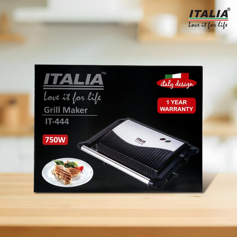 Image of ITALIA 750W Grill & Panini Press | Non-Stick Sandwich Maker| Open Grill & Removable Drip Tray