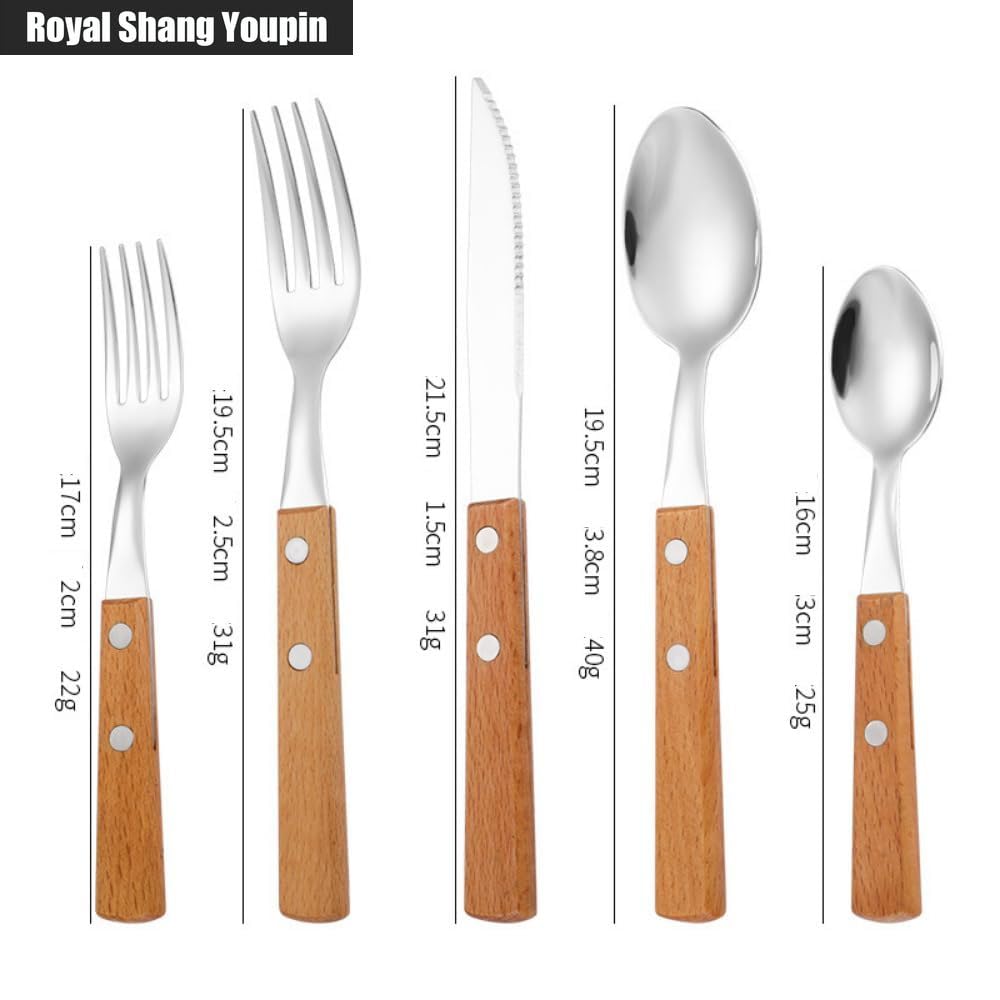 Solid Wood Handle Kitchen Stainless Steel Silverware Tableware Flatware Cutlery Knives Forks Spoons Set Home Steak Knife Dessert Spoon (B,5 pieces)
