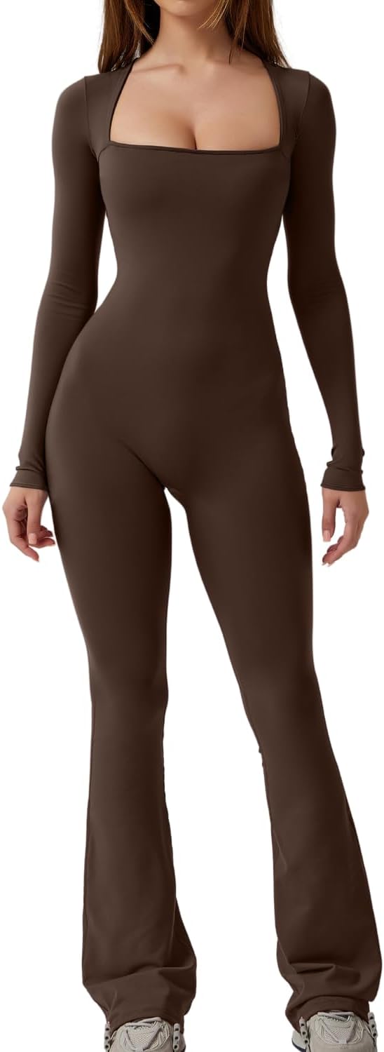 QINSEN Jumpsuits for Women Square Neck Wide Leg Full Length Romper Playsuit