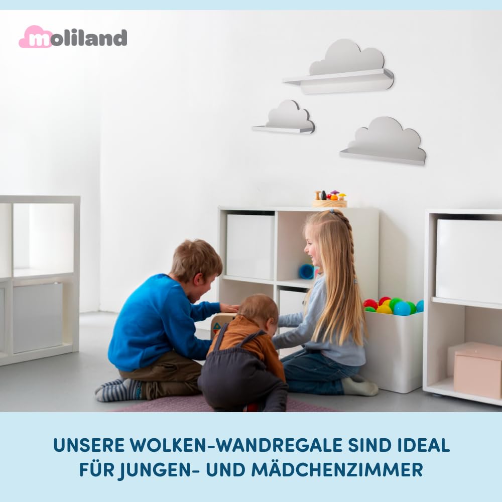 3er Set Wandregal Kinderzimmer Weiß | Babyzimmer Wolkenregal für Bücher, Spielzeug, Dekoration | Regal Wolke aus Holz | Skandinavischen Stil | Schweberegal Wanddeko Ibiza- Elegance