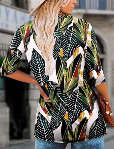 KISSMODA Tunic Tops for Women Loose Fit Dressy Round Neck Pleated 3/4 Length Sleeve Spring Tops