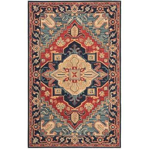 Image of Hand-Tufted Wool Carpet for Living Room 4x6 feet Navy Blue & Multicolor Traditional Design Anti-Skid High Pile Thick Carpet & Rugs for Bedroom & Hall