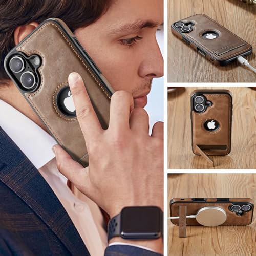 Image of Casus for iPhone 17 Case with MagSafe, Slim Kickstand Vegan Leather Protective Cover with Tempered Glass Screen Protector, 6.3 Inch (2025), Gray