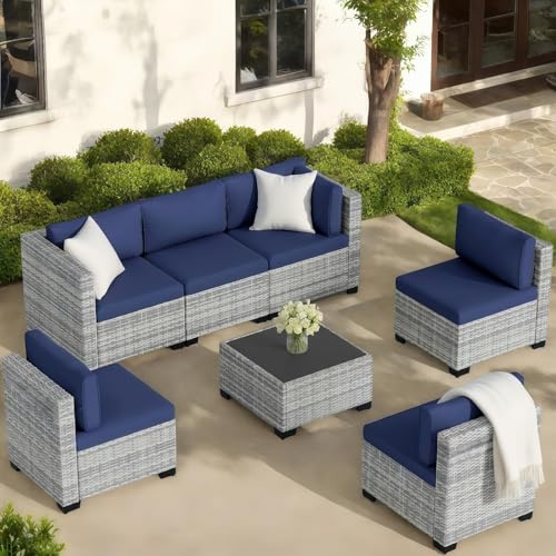 XTWEEX 7-Piece Outdoor Rattan Sectional Sofa Set, Gray Wicker Patio Furniture Sets with Navy Blue Cushions for Balcony, Porch, Backyard