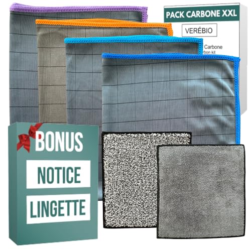Verébio - Kit 6 Chiffon Microfibre de Carbone XXL + Lavette Magique Lavable Offerte pour Nettoyage de Voiture, Moto, vitre, Lunettes, QUALITÉ Premium. Lingettes/Chiffons lavables