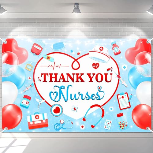 Avezano Thank You Nurses Banner Happy National Nurses Week Party Decorations Backdrop Nurse Appreciation Week Banner for Hospital Medical Doctor Nurse Party Supplies (6x3.6ft)