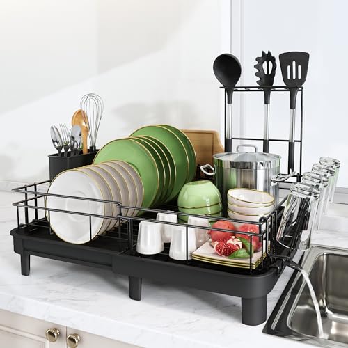 La Mejor Selección de Escurridor de acero inoxidable que Puedes Comprar On-line. 43 MAJALiS Escurridor de Trastes Extensible, Escurridor de Platos Acero Inoxidable Grande con Soporte para Copas, Utensilios, Soporte para Espátula, Negro, Longitud 32.5-52 cm
