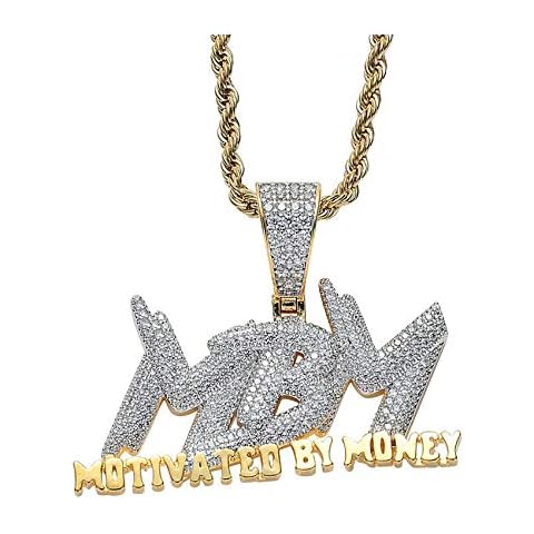Shop-iGold Custom Men Women 14k Gold Finish Italy Iced MBM Motivation by Money Charm Ice Out Pendant Stainless Steel Real 3 mm Rope Chain, Mans Jewelry, Iced Pendant, Money Bag Rope Necklace Cover