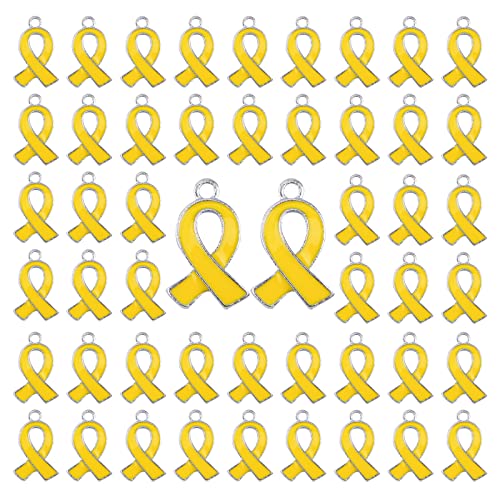 WANDIC 50 Pcs Yellow Ribbon Pendants Hope Sacroma Bone Cancer Bladder Cancer Awareness Alloy Awareness Ribbon Charms for Jewelry Making