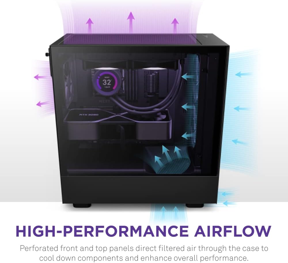 NZXT H5 Flow Compact ATX Mid-Tower PC Gaming Case - High Airflow Perforated Front - Tempered Glass Side - Cable Management - 2 x 120mm Fans Included - 280mm Radiator Support - Black