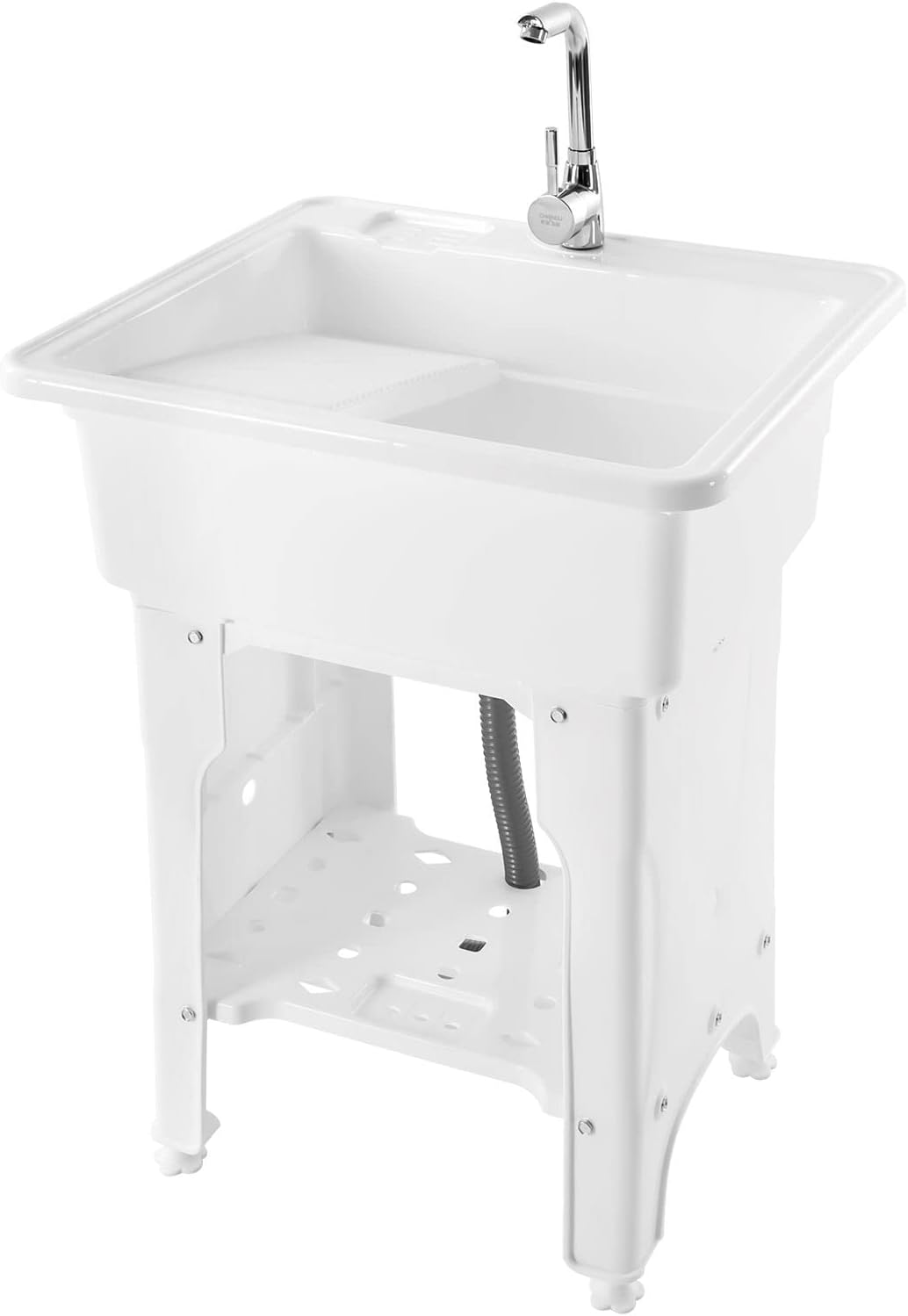 Freestanding Laundry Sink with Washboard, Indoor and Outdoor Utility Sink with Cold and Hot