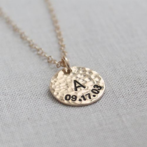Initial and Birth Date Charm Necklace - Custom Hand Stamped Disc Jewelry - Hammered Gold Filled