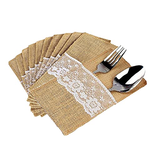 30Stk Jute Bestecktasche Spitze Vintage Besteckbeutel Besteckhalter Hochzeit Sackleinen Taschen Hochzeitsdeko Tischdeko für Hochzeit Party Cover