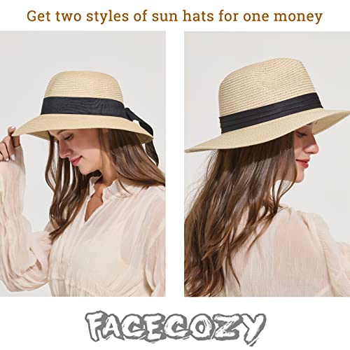 Facecozy 2 Pieces Straw Sun Hats For Women Wide Brim Panama Hat Uv Upf50+ Travel Fedora Beach Hat For Summer (Beige) #TOP4