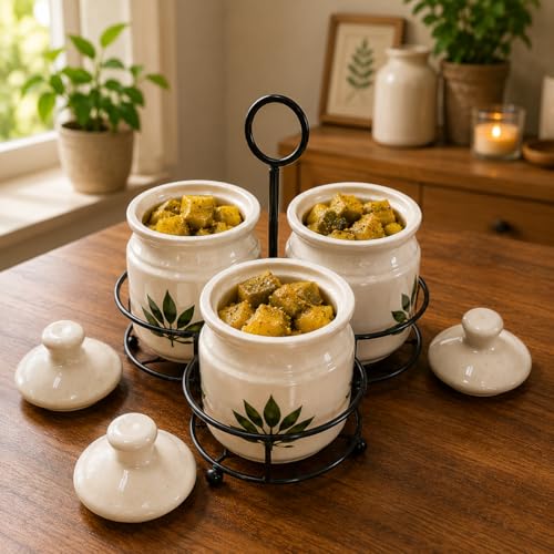 Image of Niyara Multipurpose Storage Ceramic Pickle set Jars with Lid & tray (green flower print set 3)