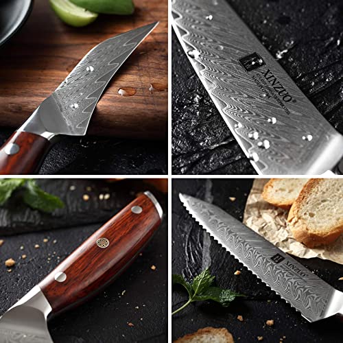 Xinzuo 7Pc Kitchen Knife Set With Block Wooden, Professional Damascus Steel Chef Knife Santoku Bread Utility Fruit Knife With Multifunctional Kitchen Shears,Ergonomic Rosewood Handle- Yi Series #TOP5