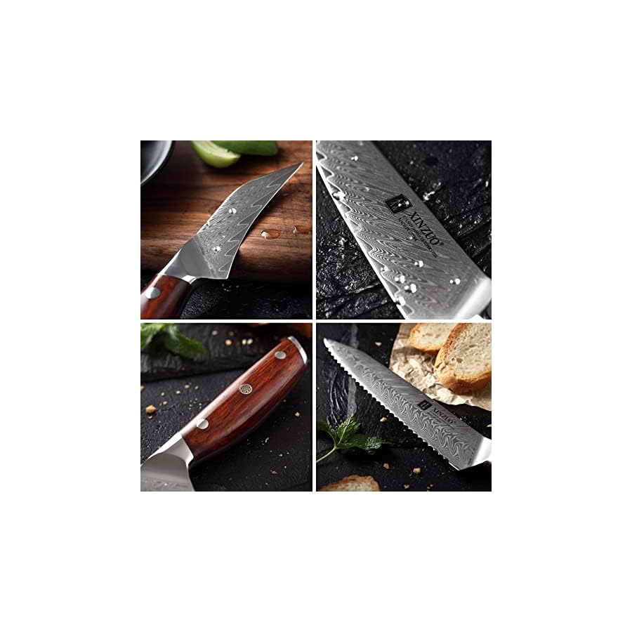XINZUO 7PC Kitchen Knife Set with Block Wooden, Professional Damascus Steel Chef Knife Santoku Bread Utility Fruit Knife with Multifunctional Kitchen Shears,Ergonomic Rosewood Handle- Yi Series