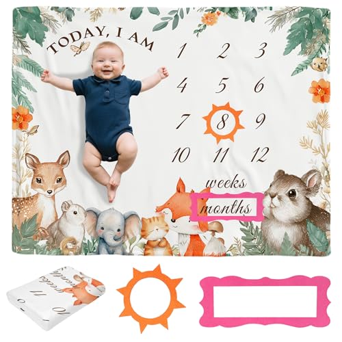 Baby Monthly Milestone Blanket Soft Woodland Animal Photo Mat for Newborn Boy or Girl 50x 40 Newborns Growth Blanket for New Mum Gifts for Baby Shower