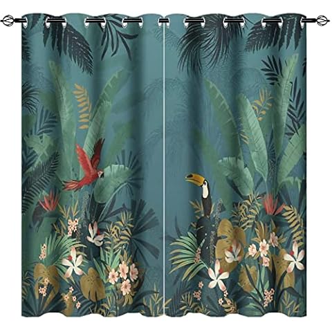 Tropical Palm Leaf Plant Green And Birds Door Curtains For Bedroom Living Room Thermal Insulated Grommet Window Draperies 2 Panels 42x63 inch Cover