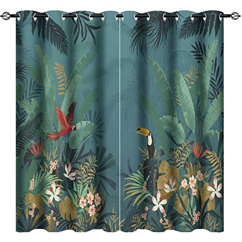 Rideaux de porte à isolation thermique avec œillets - Motif feuilles de palmier tropicales et oiseaux - Pour chambre à coucher, salon - 2 panneaux - 106,7 x 160 cm Cover