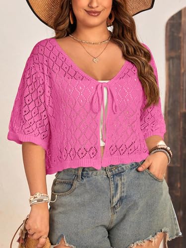 Image of Women's Plus Size Crochet Cardigan Crop Short Sleeves Tie Front Lightweight Knitwear