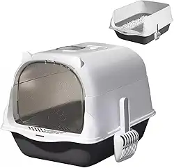 Caixa De Areia Fechada Para Gatos Grande Com Pá Higiênica Adequado Para Gatos De 0 A 30 Kg(Com colher de gato,Cinza)