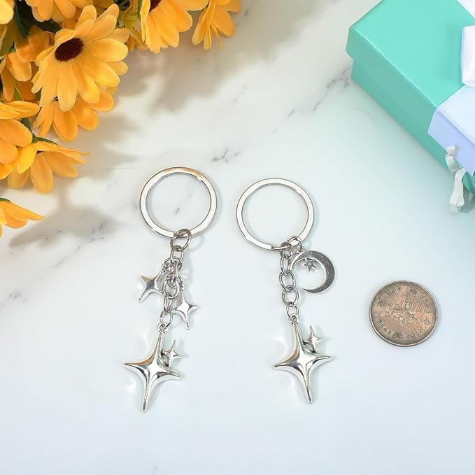 2Pcs Silver Cute Star Moon Keychain Aesthetic Accessories Stainless Steel Key Ring Purse Handbag Backpack Bag Charms Car Holder Convenient to Carry Decoration Small in Size,Keyrings and Charms - Image 3