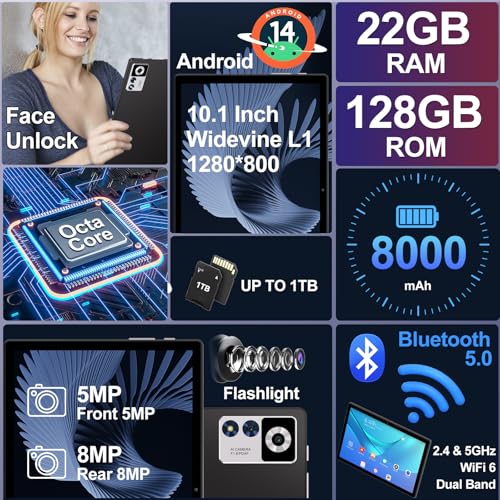 Image of ZIOVO Android Tablet 22GB RAM 128GB ROM 1TB Expand, 10.1 inch 8000mAh Octa-Core Tablet with Keyboard & Mouse, GPS, Widevine L1, HD IPS Display, 5G Wi-Fi, Bluetooth 5.0, Split Screen -Metal Black