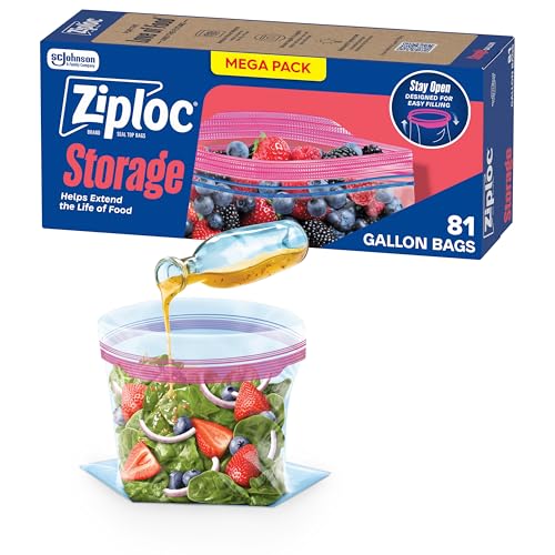 Ziploc Gallon Food Storage Bags, Stay Open Design with Stand-Up Bottom, Easy to Fill, 81 Count (Packaging May Vary)