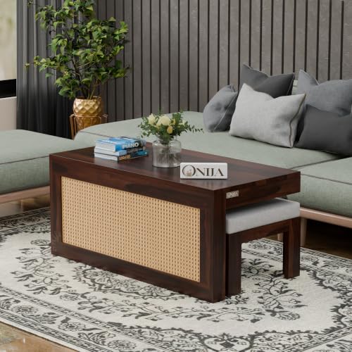 Image of ONIJA Solid Sheesham Wood Center Coffee Table with 2 Stools for Living Room Outdoor | Rosewood Centre Teapoy Tea Table with Stool for Home Office (Walnut Finish)