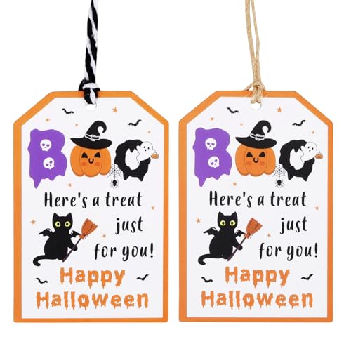 100Pcs Happy Halloween Tags with String, Halloween Tags for Gift, Halloween Paper Gift Tags, Halloween Boo Here's A Treat For You Labels Tags for Gift Candy Treat Bags Boo Bags Halloween Party Favors