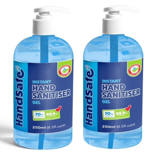 Handsafe - Sanitiser Gel 500ml - Hospital Grade Hand Sanitiser Kills 99.9%+ Bacteria & Viruses Conveniently Supplied in 2 x250ml Pump Bottles Alcohol Based Anti Bacterial