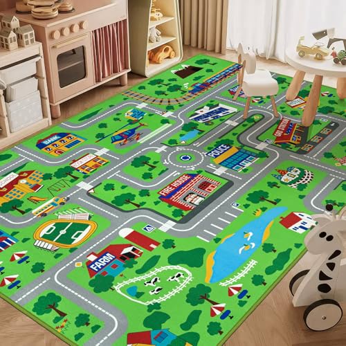 Capslpad Kinderteppich 150x200cm rutschfest Stadtplan Spielteppich Pädagogischer Spielteppich Maschinenwaschbar Kurzer Flor Autoteppich Kinder für Kinderzimmer Schlafzimmer Spielzimme Grün