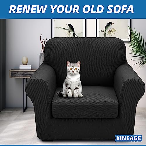 XINEAGE 2025 New 2 Pieces Chair Covers with Arms Super Stretch Chair Slipcover for Living Room Pet Dog Universal Slip Cover Anti Slip Armchair Furniture Protector (Black), 31"-46"(1 Cushion)