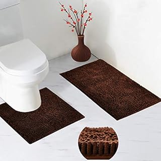 Bath Mat Set 2 Pieces, 20*31'' Bathroom Mat and 20*20'' U Shape Toilet Rug with Non Slip Adhesive Bottom, Bath Rug for Floor Tub Shower Bedroom, Machine Washable (Camel)